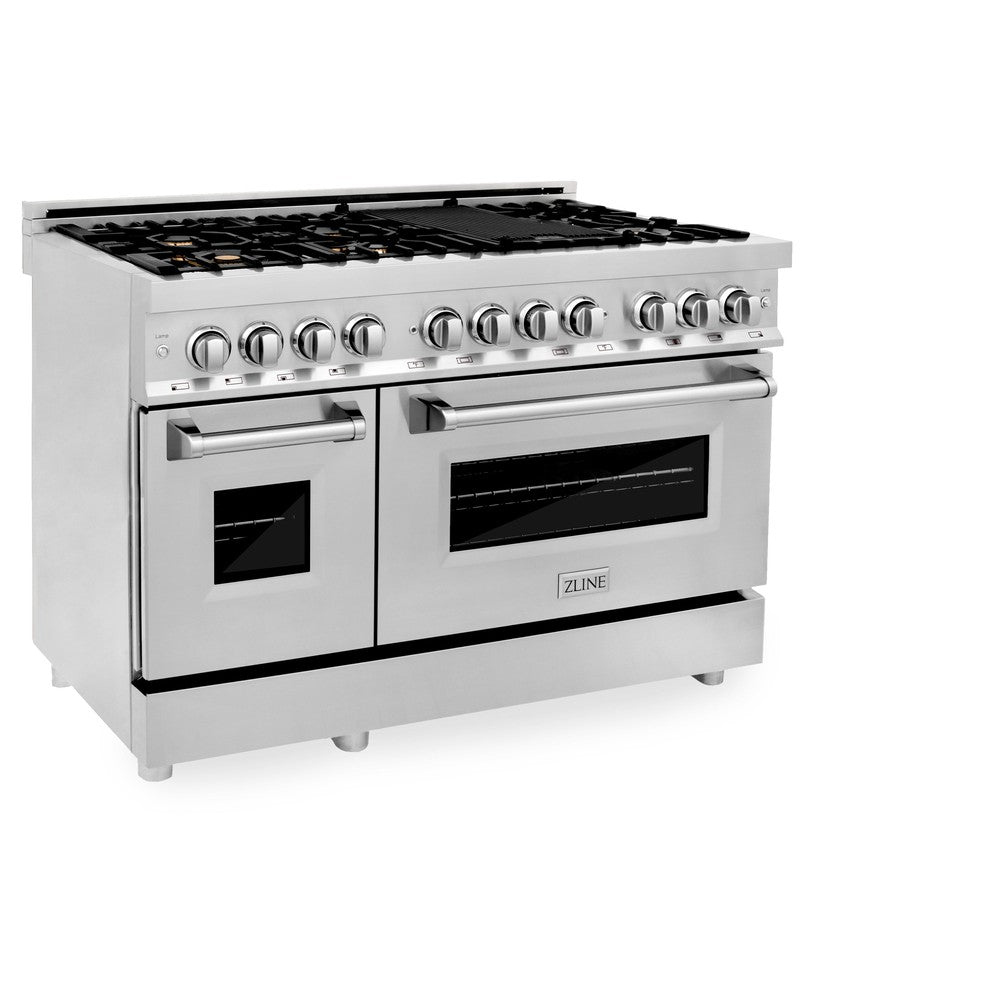 ZLINE 48 in. 6.0 cu. ft. Legacy Dual Fuel Range with Gas Cooktop and 2 Electric Ovens in Stainless Steel with 6 Brass Burners (RA-BR-48) side, oven closed.