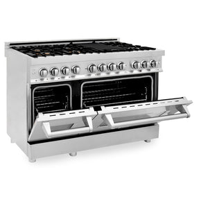 ZLINE 48 in. 6.0 cu. ft. Legacy Dual Fuel Range with Gas Cooktop and 2 Electric Ovens in Stainless Steel with Brass Burners (RA-BR-48) side, oven half open.