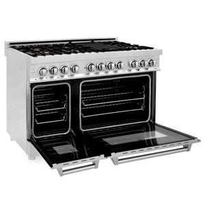 ZLINE 48 in. 6.0 cu. ft. Legacy Dual Fuel Range with Gas Cooktop and 2 Electric Ovens in Stainless Steel with Brass Burners (RA-BR-48) side, oven open.