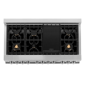 ZLINE 48 in. 6.0 cu. ft. Legacy Dual Fuel Range with Gas Cooktop and 2 Electric Ovens in Stainless Steel with Brass Burners (RA-BR-48) top-down, above cooktop.