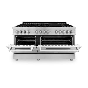 ZLINE 60 in. 7.4 cu. ft. Legacy Dual Fuel Range with Gas Cooktop and 2 Electric Convection Ovens in Stainless Steel with 8 Brass Burners (RA-BR-60) front, oven half open.