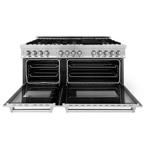ZLINE 60 in. 7.4 cu. ft. Legacy Dual Fuel Range with Gas Cooktop and 2 Electric Convection Ovens in Stainless Steel with 8 Brass Burners (RA-BR-60) front, open.