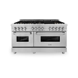 ZLINE 60 in. 7.4 cu. ft. Legacy Dual Fuel Range with Gas Cooktop and 2 Electric Convection Ovens in Stainless Steel with 8 Brass Burners (RA-BR-60) front, oven closed.