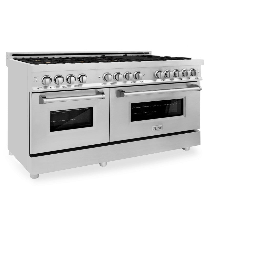 ZLINE 60 in. 7.4 cu. ft. Legacy Dual Fuel Range with Gas Cooktop and 2 Electric Convection Ovens in Stainless Steel with 8 Brass Burners (RA-BR-60) side, oven closed.