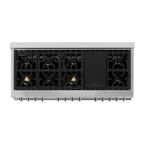ZLINE 60 in. 7.4 cu. ft. Legacy Dual Fuel Range with Gas Cooktop and 2 Electric Convection Ovens in Stainless Steel with 8 Brass Burners (RA-BR-60) top-down, above cooktop.