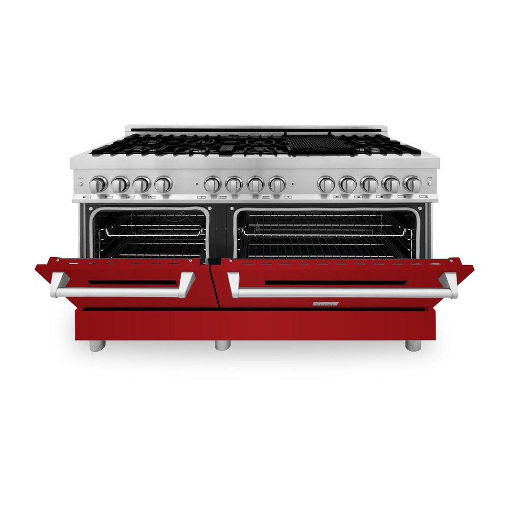 ZLINE 60 in. 7.4 cu. ft. Legacy Dual Fuel Range with 9 Burner Gas Cooktop and 2 Electric Convection Ovens in Stainless Steel and Red Gloss Doors (RA-RG-60) front, oven half open.