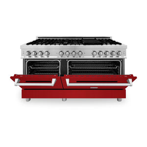 ZLINE 60 in. 7.4 cu. ft. Legacy Dual Fuel Range with 9 Burner Gas Cooktop and 2 Electric Convection Ovens in Stainless Steel and Red Gloss Doors (RA-RG-60) front, oven half open.
