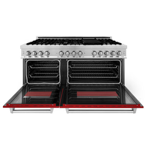 ZLINE 60 in. 7.4 cu. ft. Legacy Dual Fuel Range with 9 Burner Gas Cooktop and 2 Electric Convection Ovens in Stainless Steel and Red Gloss Doors (RA-RG-60) front, open.