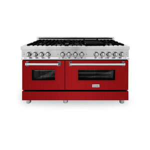 ZLINE 60 in. 7.4 cu. ft. Legacy Dual Fuel Range with 9 Burner Gas Cooktop and 2 Electric Convection Ovens in Stainless Steel and Red Gloss Doors (RA-RG-60) front, oven closed.