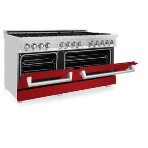 ZLINE 60 in. 7.4 cu. ft. Legacy Dual Fuel Range with 9 Burner Gas Cooktop and 2 Electric Convection Ovens in Stainless Steel and Red Gloss Doors (RA-RG-60) side, oven half open.