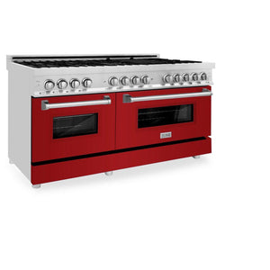 ZLINE 60 in. 7.4 cu. ft. Legacy Dual Fuel Range with 9 Burner Gas Cooktop and 2 Electric Convection Ovens in Stainless Steel and Red Gloss Doors (RA-RG-60) side, oven closed.