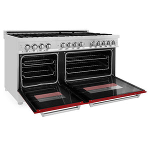 ZLINE 60 in. 7.4 cu. ft. Legacy Dual Fuel Range with 9 Burner Gas Cooktop and 2 Electric Convection Ovens in Stainless Steel and Red Gloss Doors (RA-RG-60) side, oven open.