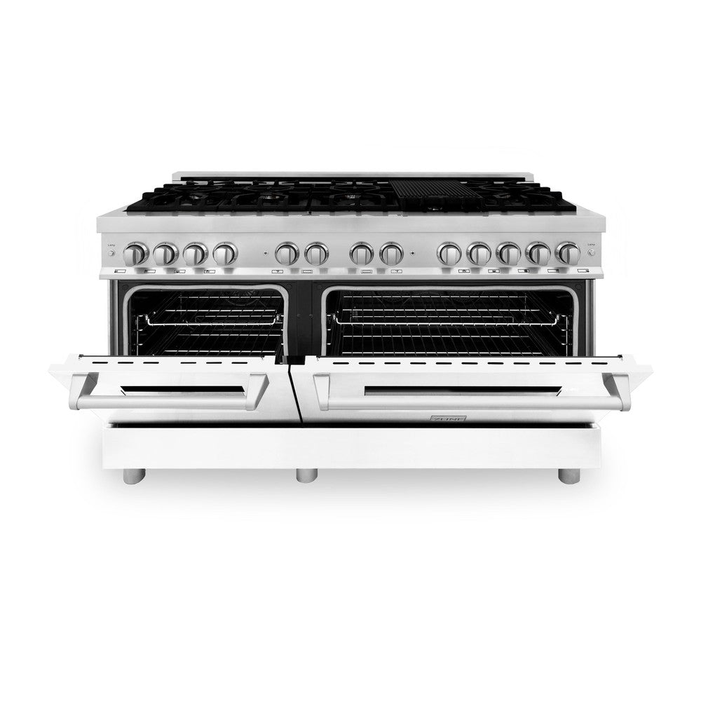 ZLINE 60 in. 7.4 cu. ft. Legacy Dual Fuel Range with 9 Burner Gas Cooktop and 2 Electric Convection Ovens in Stainless Steel and White Matte Doors (RA-WM-60) front, oven half open.