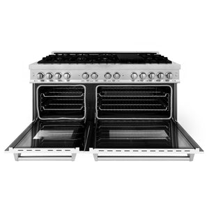 ZLINE 60 in. 7.4 cu. ft. Legacy Dual Fuel Range with 9 Burner Gas Cooktop and 2 Electric Convection Ovens in Stainless Steel and White Matte Doors (RA-WM-60) front, oven open.