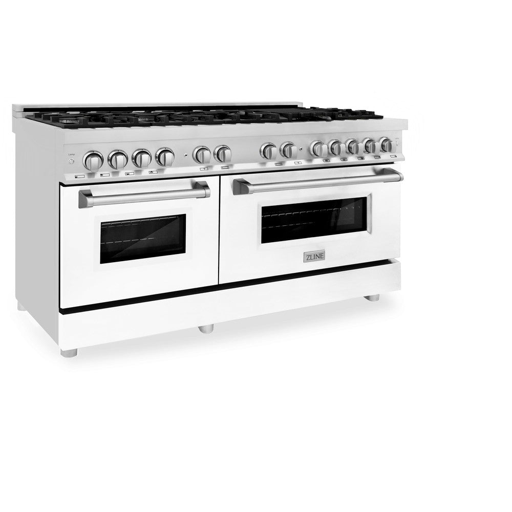 ZLINE 60 in. 7.4 cu. ft. Legacy Dual Fuel Range with 9 Burner Gas Cooktop and 2 Electric Convection Ovens in Stainless Steel and White Matte Doors (RA-WM-60) side, oven closed.