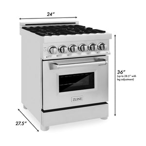 ZLINE 24 in. 2.8 cu. ft. Legacy Dual Fuel Range with 4 Burner Gas Cooktop and Electric Convection Oven in Stainless Steel (RA24) dimensional diagram.