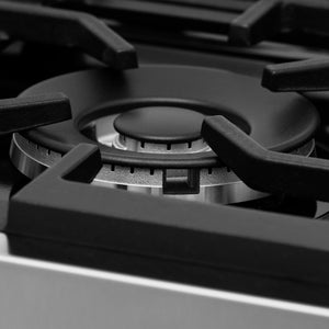 ZLINE 36 in. 4.6 cu. ft. Legacy Dual Fuel Range with 6 Burner Gas Cooktop and Electric Convection Oven in Stainless Steel and Red Matte Door (RA-RM-36) burner and grates.