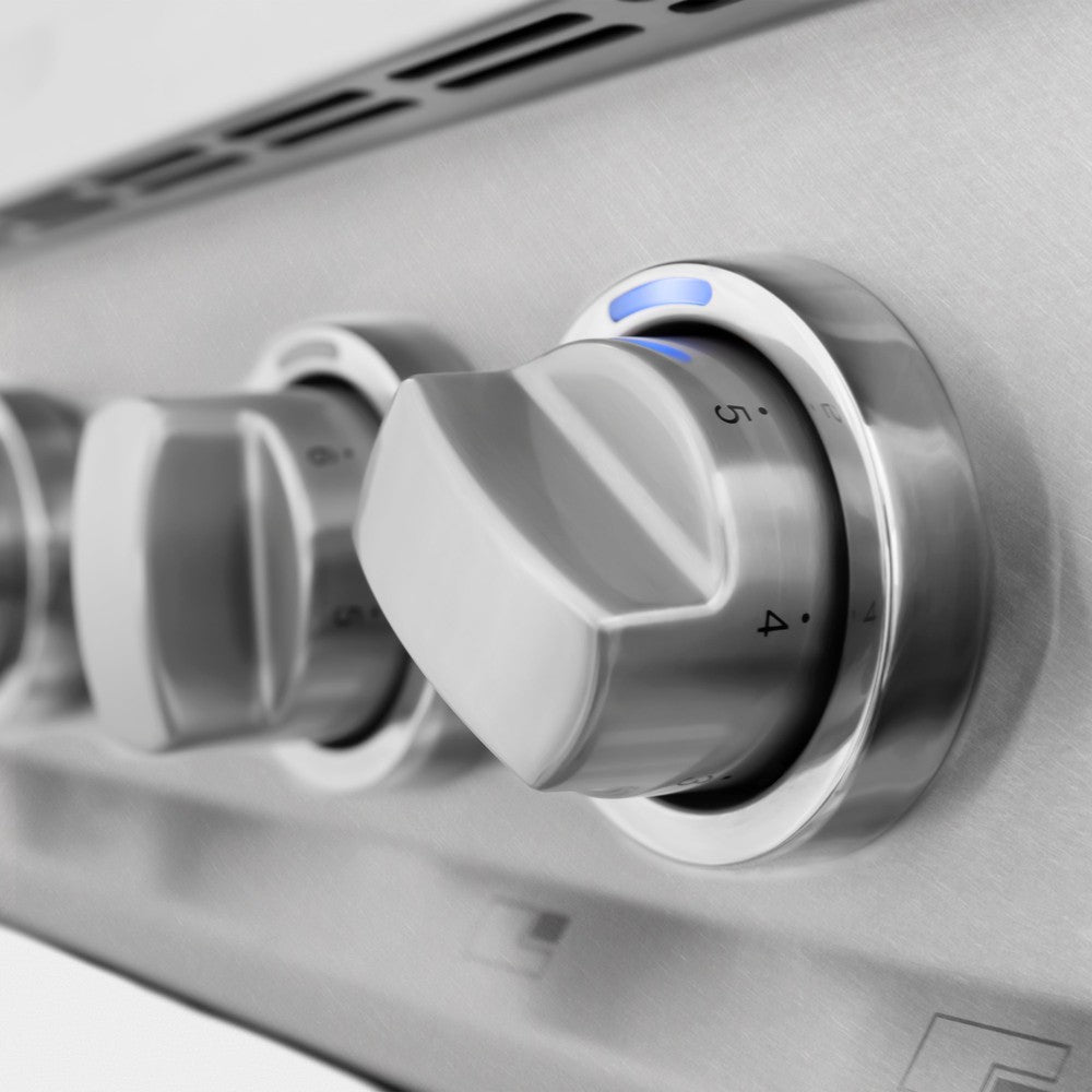 LED Knob Indicators - Front control knobs will illuminate when the cooktop or oven is in use, providing additional safety and convenience