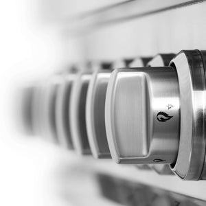 ZLINE 36 in. 4.6 cu. ft. Legacy Dual Fuel Range with 6 Burner Gas Cooktop and Electric Convection Oven in Stainless Steel (RA36) side, control knobs close-up.