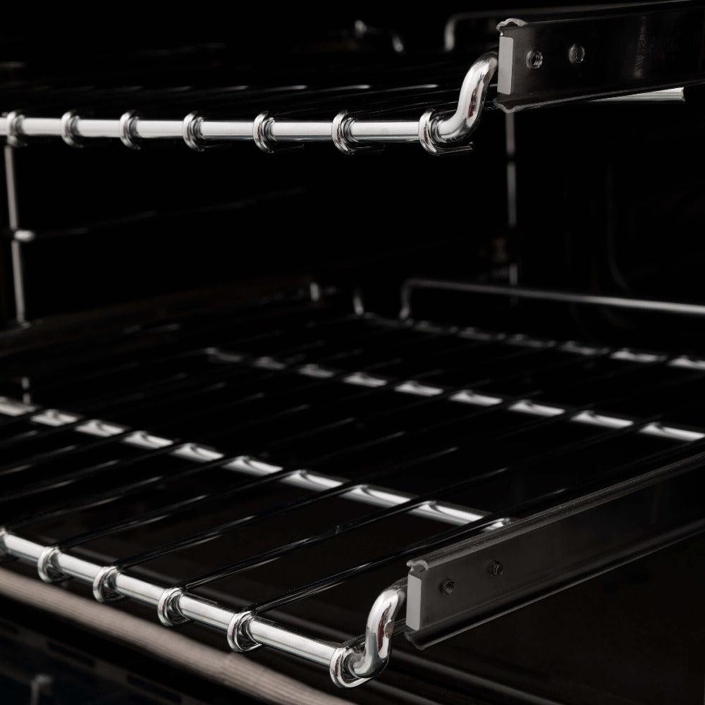 ZLINE Dual Fuel Range with Gas Stove and Electric Oven in Stainless Steel (RA) close-up, SmoothGlide ball-bearing adjustable racks inside oven from side.