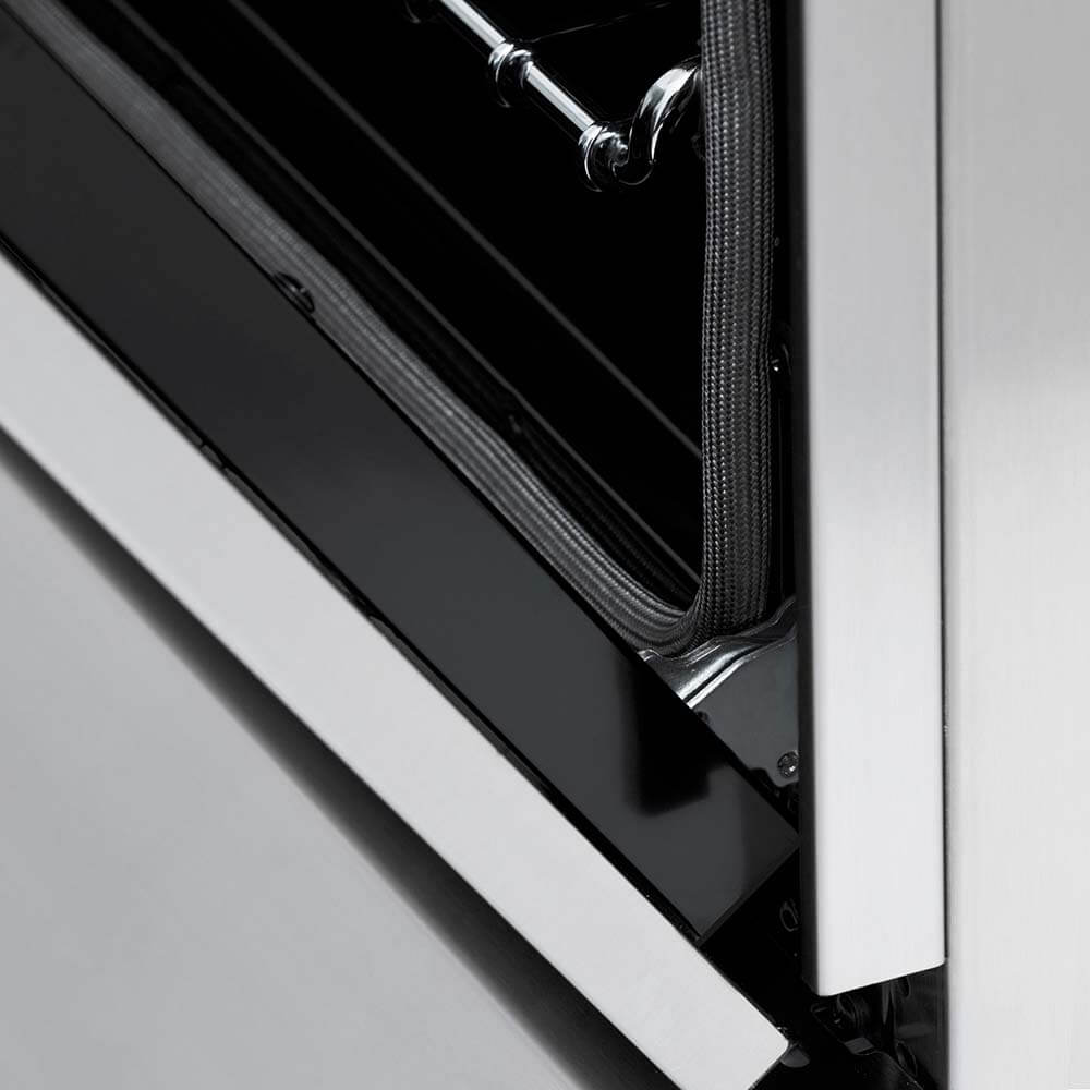 Close-up StayPut Oven Door Hinges on ZLINE 36 in. Dual Fuel Range with Gas Stove and Electric Oven in Stainless Steel (RA36)