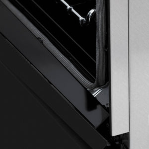 Close-up StayPut Oven Door Hinges on ZLINE 30 in. 4.0 cu. ft. Induction Range in Fingerprint Resistant Stainless Steel with a 4 Element Stove, Electric Oven, and Black Matte Door (RAINDS-BLM-30)