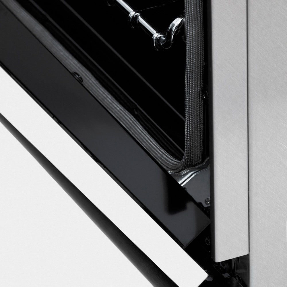 Close-up StayPut Oven Door Hinges on ZLINE 30 in. 4.0 cu. ft. Induction Range in Fingerprint Resistant Stainless Steel with a 4 Element Stove, Electric Oven, and White Matte Door (RAINDS-WM-30)