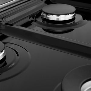 ZLINE 48 in. Professional Dual Fuel Range in Stainless Steel (RA48) close-up black porcelain cooktop without grates and Italian-made sealed burners.