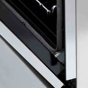 ZLINE Dual Fuel Range with Gas Stove and Electric Oven in Stainless Steel (RA) close-up, stay put oven door hinges.