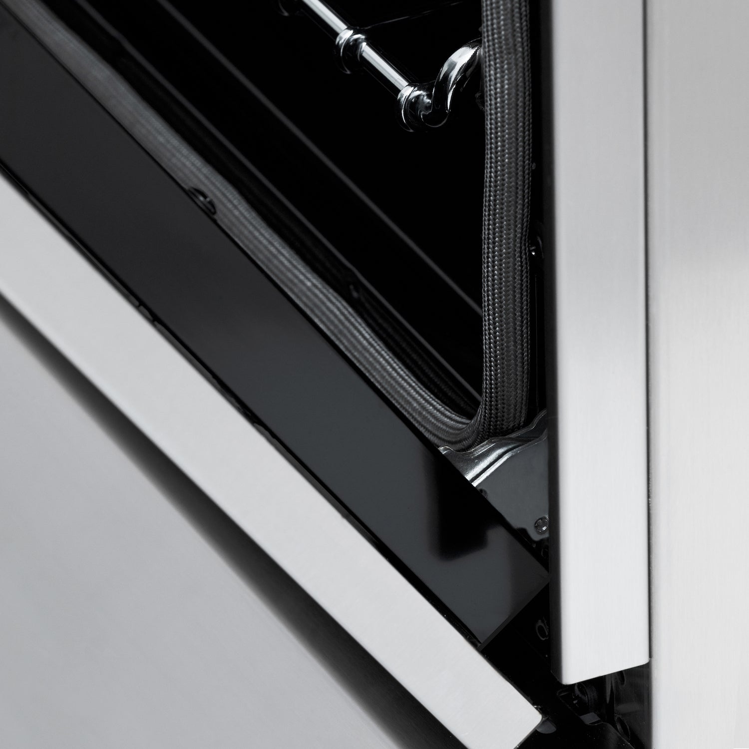 Close-up StayPut Oven Door Hinges on ZLINE 48 in. Professional Dual Fuel Range in Stainless Steel (RA48)