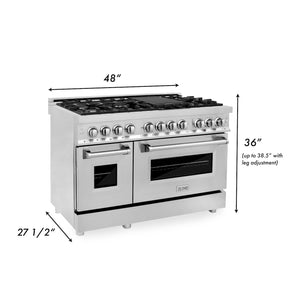 ZLINE 48 in. Professional Dual Fuel Range in Stainless Steel (RA48) dimensional diagram with measurements.
