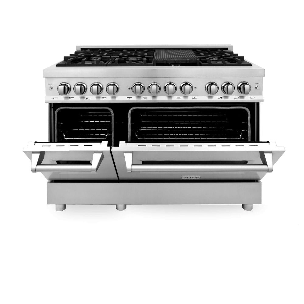 ZLINE 48 in. Professional Dual Fuel Range with Gas Stove and Electric Oven in Stainless Steel (RA48) front, ovens half open.