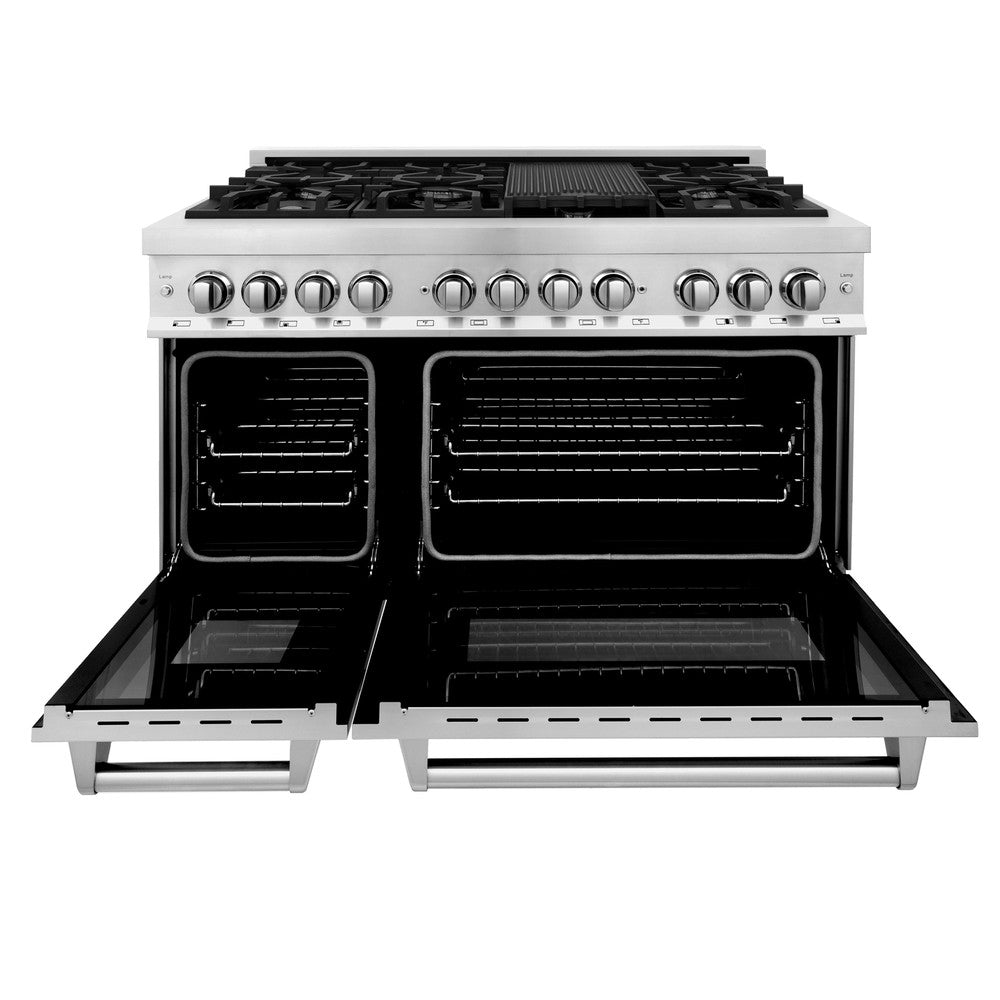 ZLINE 48 in. Professional Dual Fuel Range with Gas Stove and Electric Oven in Stainless Steel (RA48) front, ovens open.