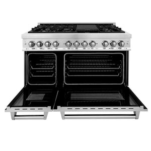 ZLINE 48 in. Kitchen Package with Stainless Steel Dual Fuel Range, Convertible Vent Range Hood and Microwave Drawer (3KP-RARH48-MW) front, open.