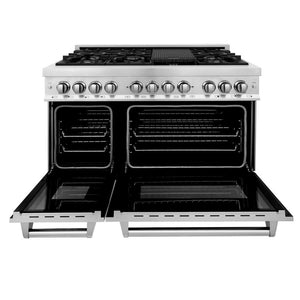 ZLINE 48 in. 6.0 cu. ft. Legacy Dual Fuel Range with 7 Burner Gas Cooktop and 2 Electric Ovens in Stainless Steel (RA48) front, open.