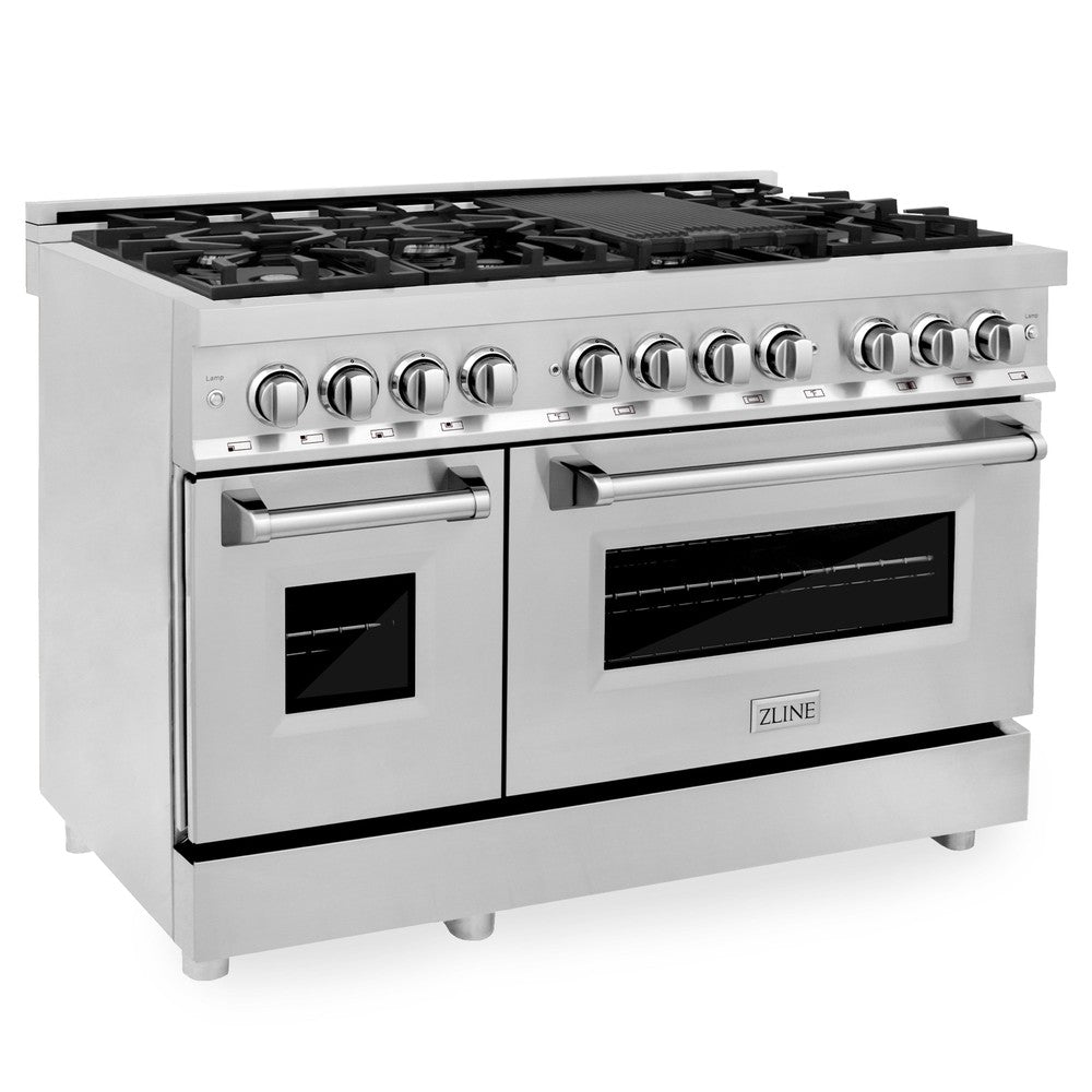 ZLINE 48 in. Professional Dual Fuel Range with Gas Stove and Electric Oven in Stainless Steel (RA48) side, ovens closed.