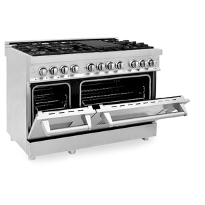 ZLINE 48 in. Professional Dual Fuel Range with Gas Stove and Electric Oven in Stainless Steel (RA48) side, ovens half open.