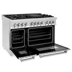 ZLINE 48 in. Professional Dual Fuel Range with Gas Stove and Electric Oven in Stainless Steel (RA48) side, ovens open.