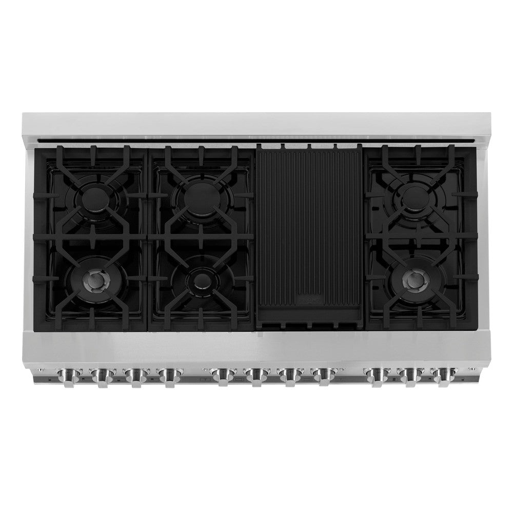 ZLINE 48 in. Professional Dual Fuel Range with Gas Stove and Electric Oven in Stainless Steel (RA48) above 7-burner black porcelain cooktop with griddle and cast-iron grates.