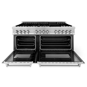 ZLINE 60 in. Kitchen Package with Stainless Steel Dual Fuel Range and Convertible Vent Range Hood (2KP-RARH60) front, open.