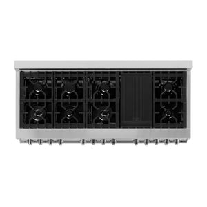 ZLINE 60 in. 7.4 cu. ft. Dual Fuel Range with Gas Stove and Electric Oven in Stainless Steel (RA60) above 7-burner gas cooktop with griddle.