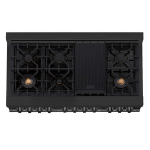 ZLINE 48 in. 6.0 cu. ft. Dual Fuel Range with Gas Stove and Electric Oven in Black Stainless Steel with Brass Burners (RAB-BR-48) above 7-burner black porcelain cooktop with griddle and cast-iron grates.