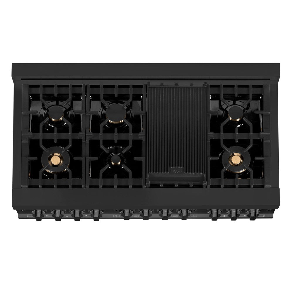ZLINE 48 in. 6.0 cu. ft. Dual Fuel Range with Gas Stove and Electric Oven in Black Stainless Steel with Brass Burners (RAB-BR-48) from above showing cooktop with gas burners and cast-iron grates.