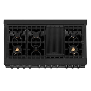 ZLINE 48 in. 6.0 cu. ft. Legacy Dual Fuel Range with Gas Cooktop and 2 Electric Ovens in Black Stainless Steel with Brass Burners (RAB-BR-48) top-down, above cooktop.
