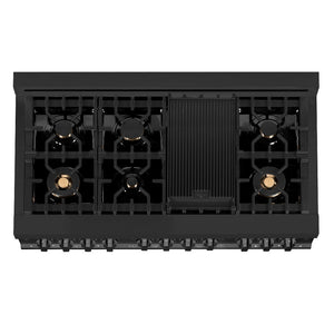 ZLINE 48 in. 6.0 cu. ft. Dual Fuel Range with Gas Stove and Electric Oven in Black Stainless Steel with Brass Burners (RAB-BR-48) above 7-burner black porcelain cooktop with griddle and cast-iron grates.