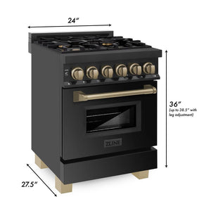 ZLINE Autograph Edition 24 in. 2.8 cu. ft. Legacy Dual Fuel Range with 4 Burner Gas Cooktop and Electric Convection Oven in Black Stainless Steel and Champagne Bronze Accents (RABZ-24-CB) dimensional diagram.