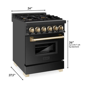ZLINE Autograph Edition 24 in. 2.8 cu. ft. Legacy Dual Fuel Range with 4 Burner Gas Cooktop and Electric Convection Oven in Black Stainless Steel and Polished Gold Accents (RABZ-24-G) dimensional diagram.
