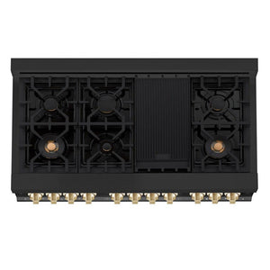 ZLINE Autograph Edition 48 in. 6.0 cu. ft. Dual Fuel Range with Gas Stove and Electric Oven in Black Stainless Steel with Polished Gold Accents (RABZ-48-G) above 7-burner black porcelain cooktop with griddle, brass burners, and cast-iron grates.