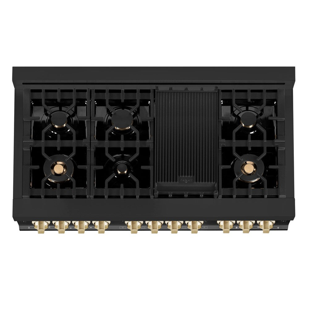 ZLINE Autograph Edition 48 in. 6.0 cu. ft. Dual Fuel Range with Gas Stove and Electric Oven in Black Stainless Steel with Polished Gold Accents (RABZ-48-G) above 7-burner black porcelain cooktop with griddle, brass burners, and cast-iron grates.