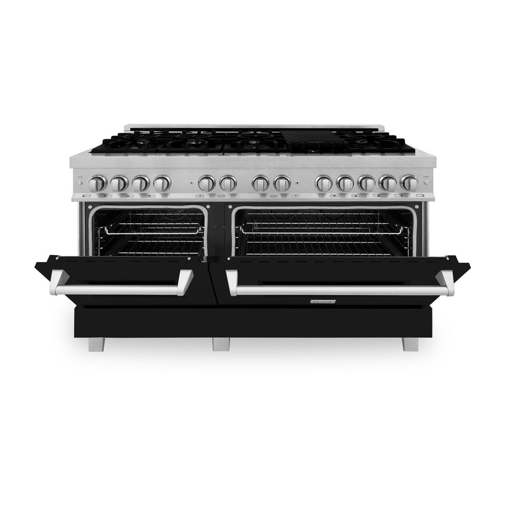 ZLINE 60 in. 7.4 cu. ft. Legacy Dual Fuel Range with 9 Burner Gas Cooktop and 2 Electric Convection Ovens in DuraSnow® Stainless Steel and Black Matte Doors (RAS-BLM-60) front, oven half open.